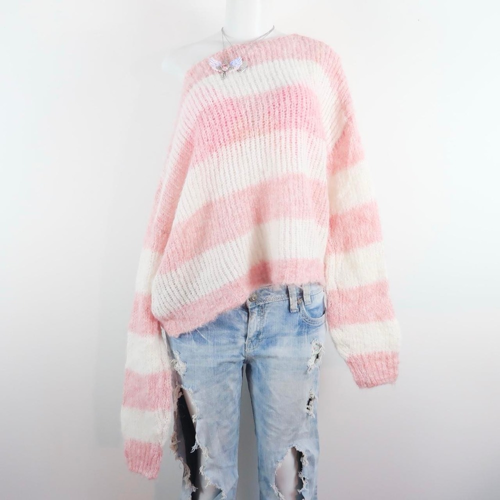 y2k pink striped off the shoulder oversized knit sweater